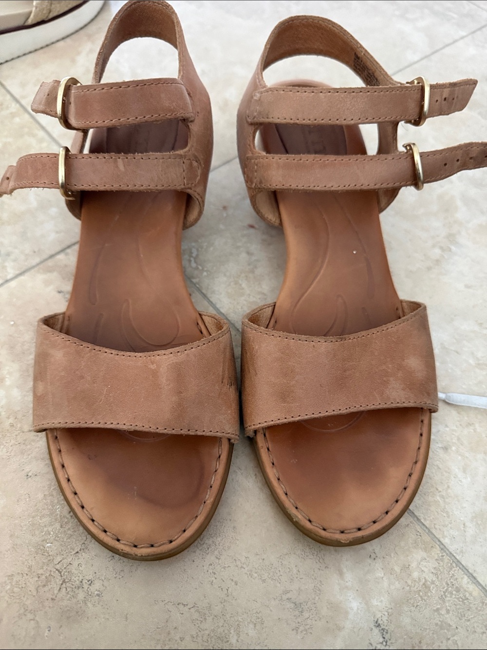 Born Tan Double-Strap Leather Sandals with Gold Buckles